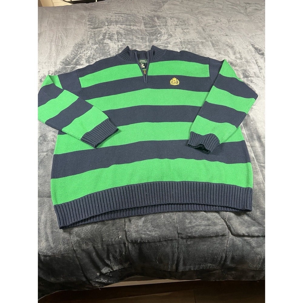 Lauren Ralph Lauren Sweater Navy Green Quarter Zip Striped Crest Size XL preppy